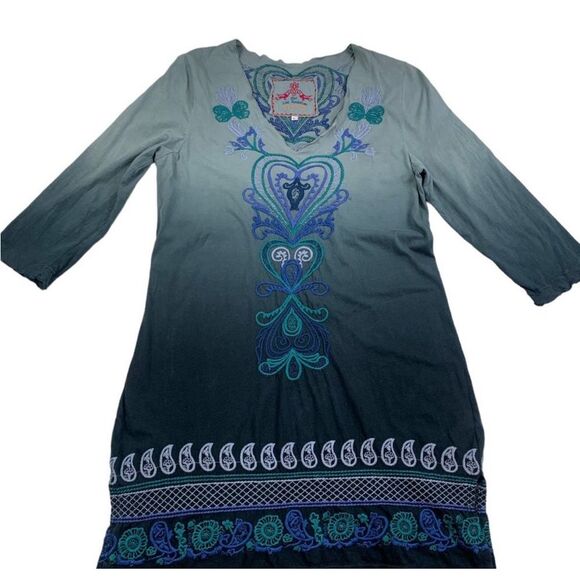 Johnny Was JW Los Angeles Embroidered Blue Ombré Cotton Tunic/Dress Women's SZ L - Picture 1 of 7